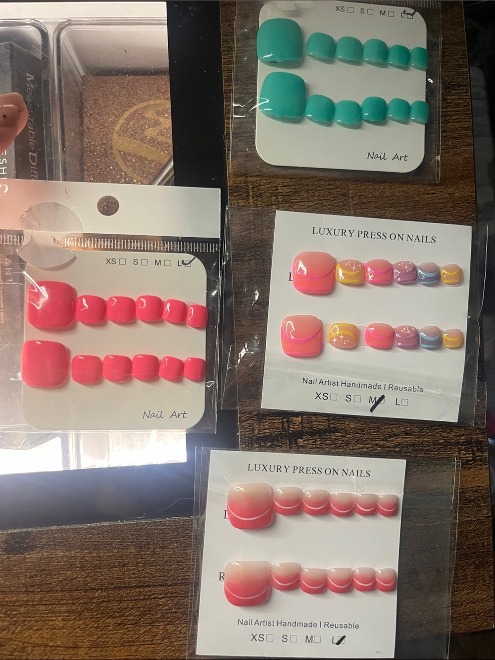 Assorted Press-On Toe Nails - Bright Coral, Teal, Pink Ombre